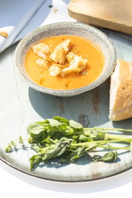 Domates çorbası, kırılmış ekmek ve semizotu-fesleğen demeti tepeden çekilmiş sade bir gastronomi karesi.