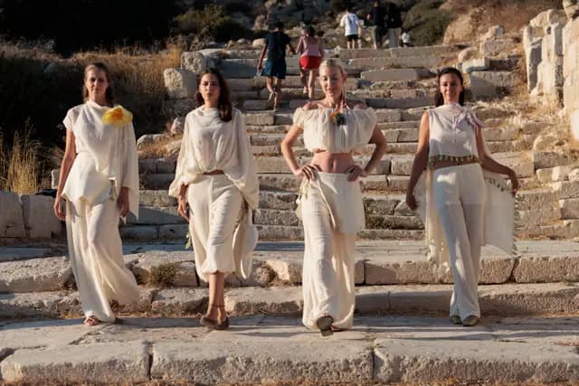 Dört manken Knidos'un antik basamaklarından kırık beyaz koleksiyonla birlikte iniyor.